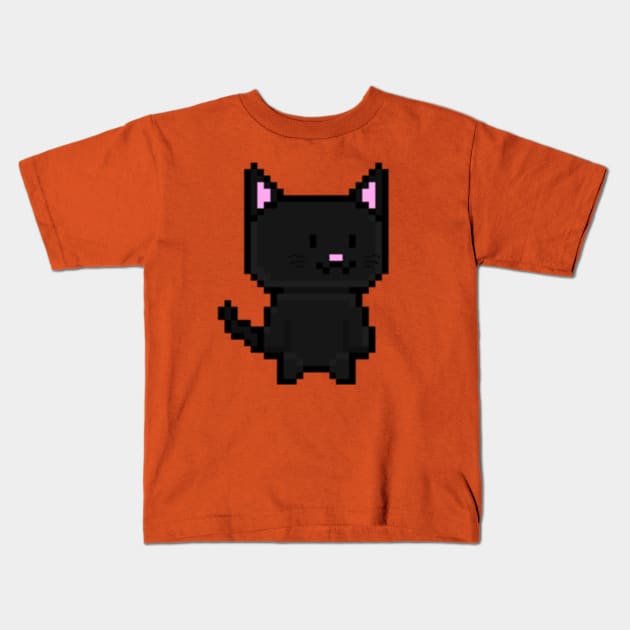 Pixel Black Cat Kids T-Shirt by lilBoi_Studios